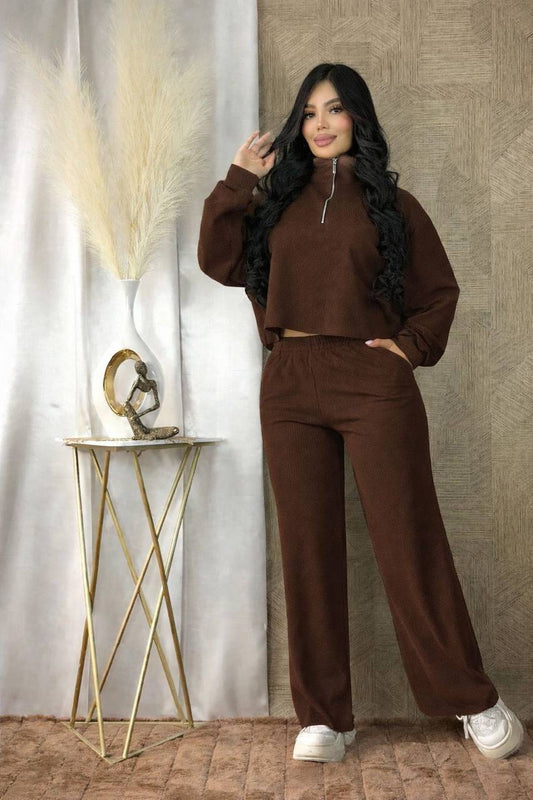 Conjunto Feminino Tricot Canelado Premium com Zíper – Elegância e Conforto